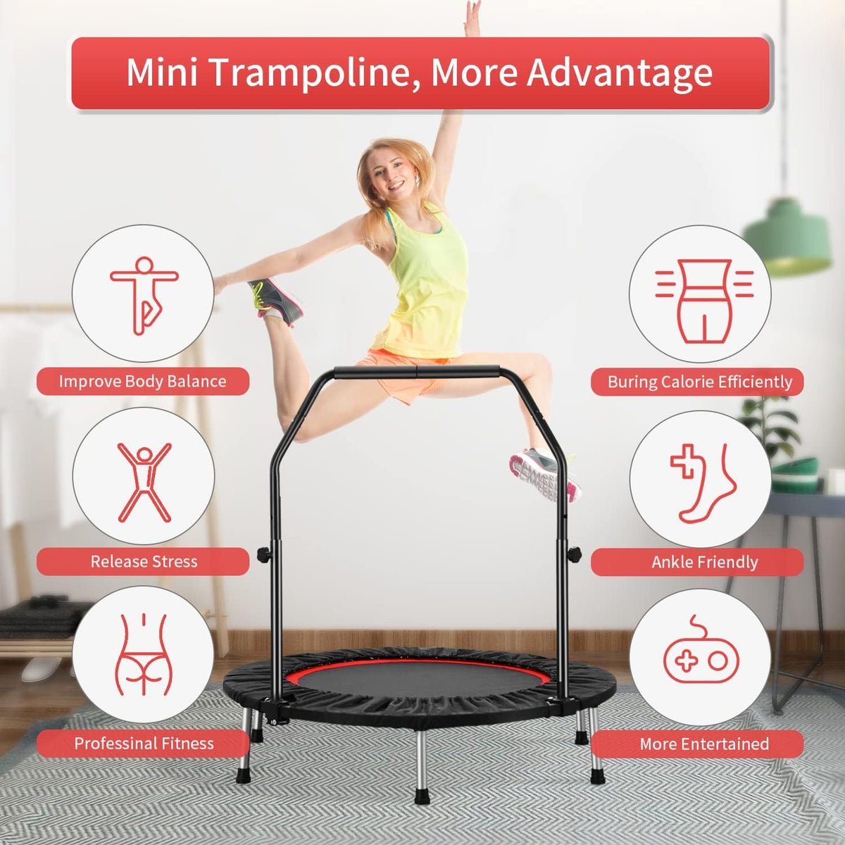 40" Mini Trampoline, Rebounder Trampoline for Adults,Fitness Trampoline Indoor with Adjustable Bar Rebounder Trampoline Jumping Workouts 330LBS Weight Capacity